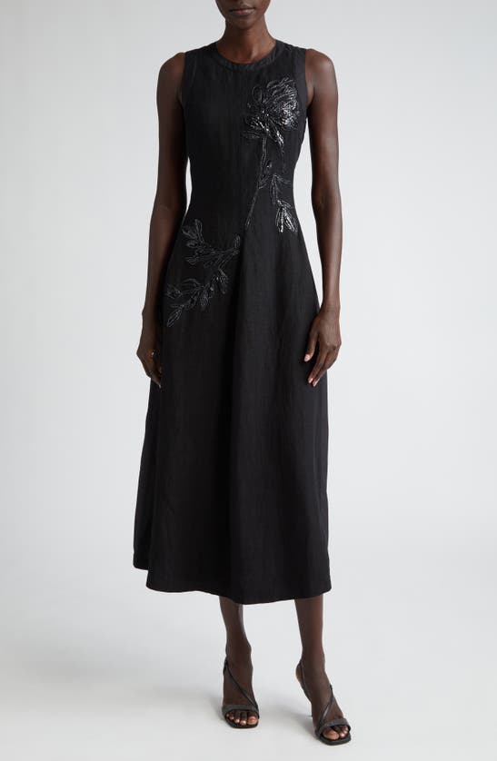 Shop Brunello Cucinelli Floral Embroidered Sleeveless Cotton Blend Dress In C101 Black