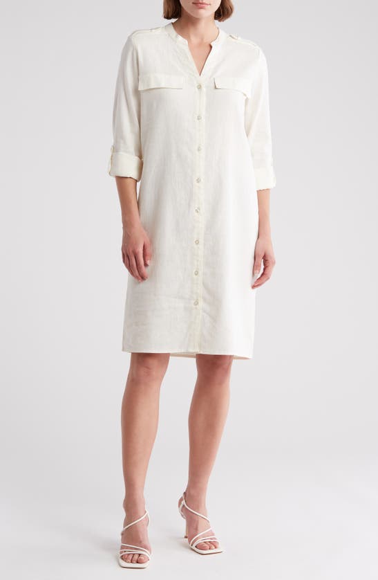 Calvin Klein Front Button Long Sleeve Linen Blend Dress In White