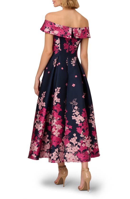 Shop Adrianna Papell Floral Off The Shoulder Jacquard Gown In Navy/ Pink Multi