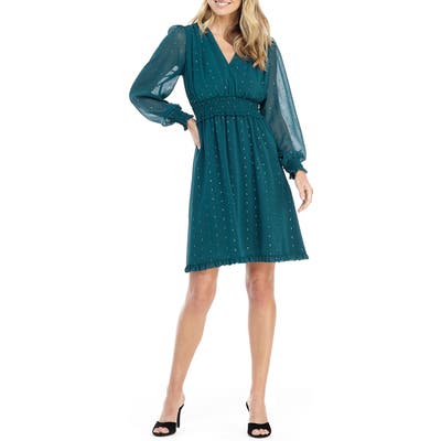 Gal Meets Glam Collection Everly Smocked Chiffon Fit & Flare Dress, Blue/green