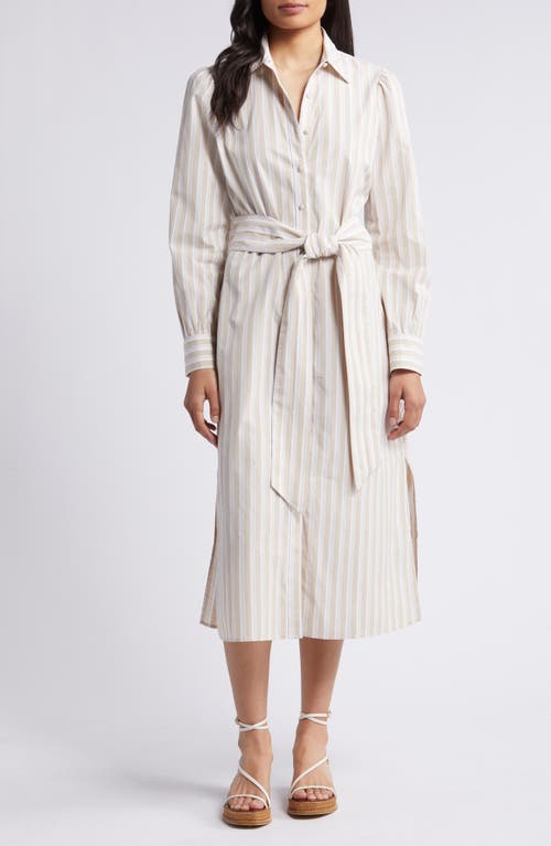 Stripe Long Sleeve Stretch Cotton Twill Shirtdress in Compo Stripe - Sand