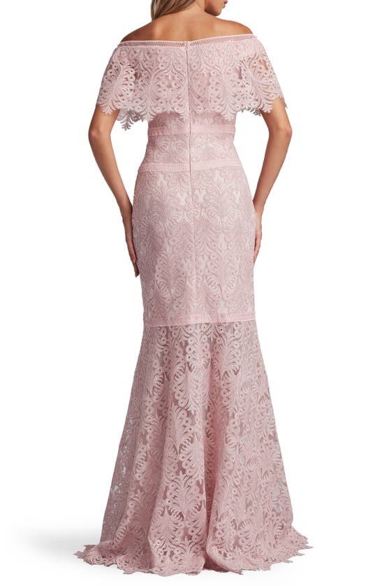 Shop Tadashi Shoji Off The Shoulder Corded Lace Gown In Rose Quartz