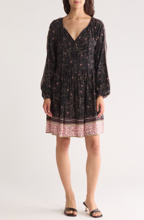 Floral Border Print Long Sleeve Shift Dress