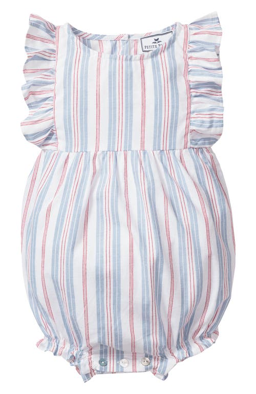 Petite Plume French Stripe Ruffle Trim Cotton Blend One-Piece Pajamas Blue at Nordstrom,