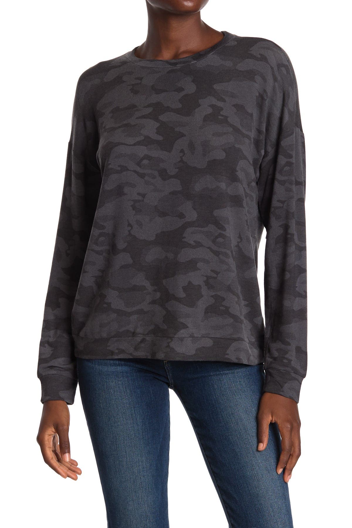 off the shoulder camo sweatshirt