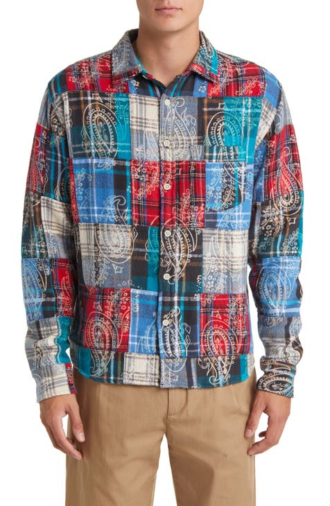 Plaid Paisley Patchwork Flannel Button-Up Shirt