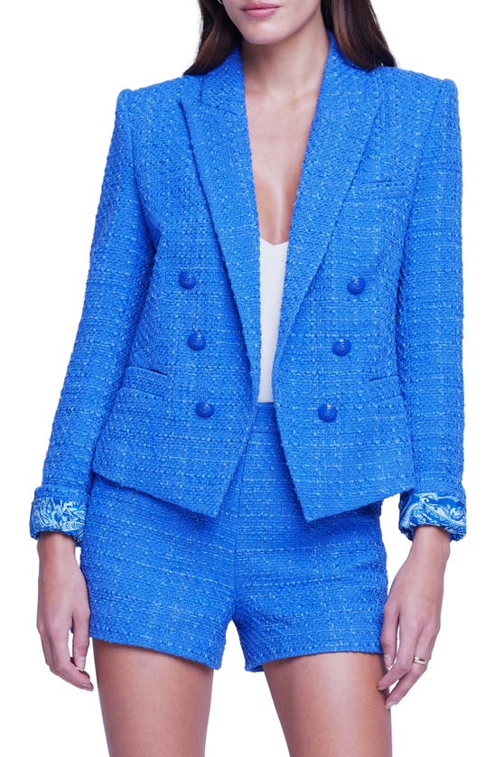 L Agence Brooke Double Breasted Crop Cotton Blend Blazer In Twilight Blue