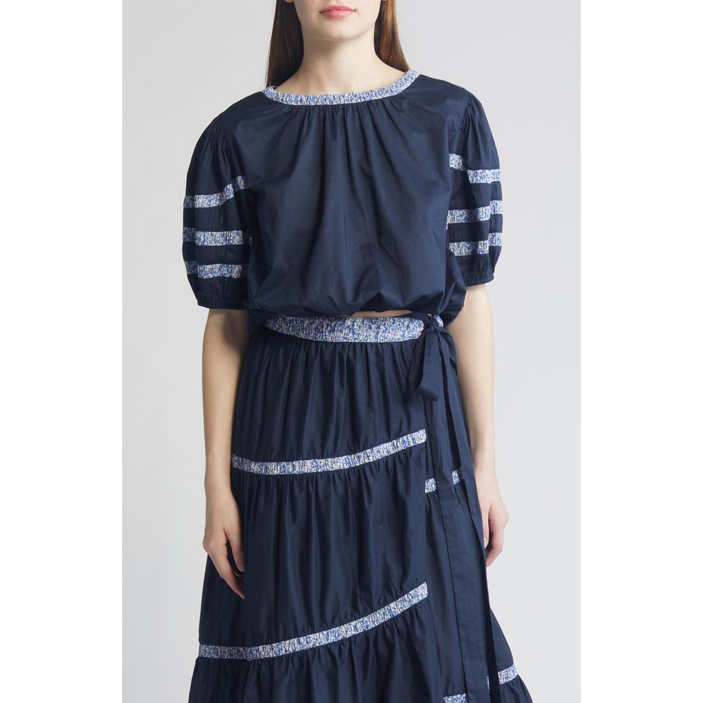 Merlette X Liberty London Magere Puff Sleeve Cotton Lawn Top In Navy/liberty Blue Print