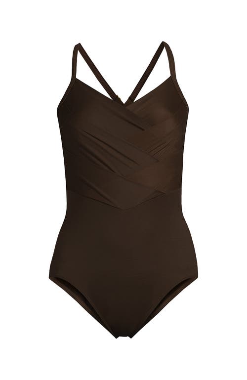 Shop Lands' End Slender Suit V-neck Pleated X-back One Piece Swimsuit Adjustable Straps In Rich Coffee