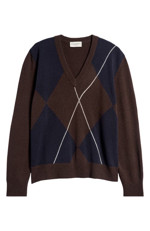 Shop Officine Generale Officine Générale Manolo Argyle Wool V-neck Sweater In Coffee/navy