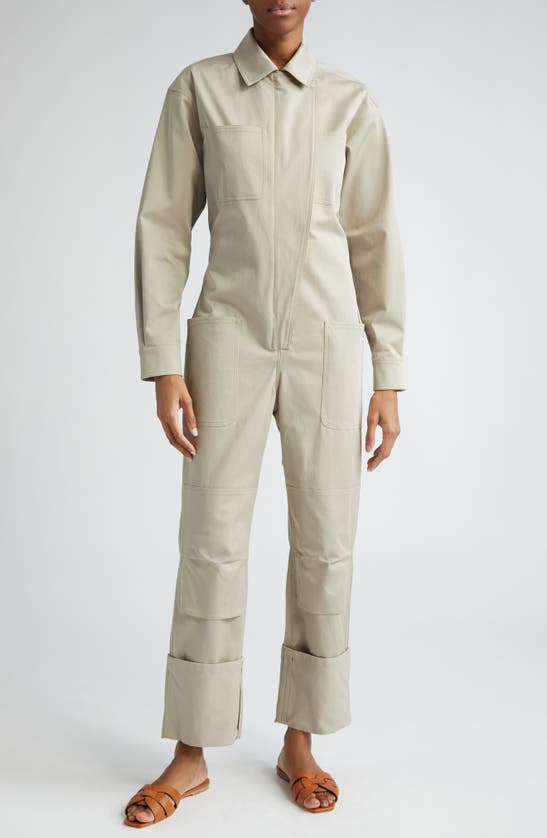 Shop Max Mara Caraibi Stretch Cotton Workwear Jumpsuit In Sage Khaki