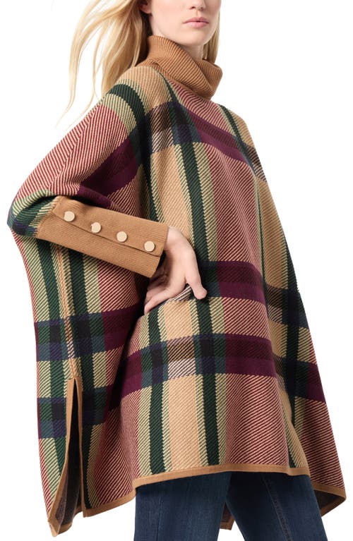 Jones New York Plaid Turtleneck Poncho Sweater In Caramel/burgundy Multi