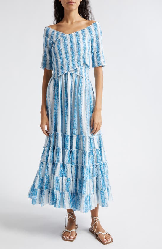 Shop Mille Celia Stripe Smocked Bodice Tiered Ruffle Maxi Dress In Aqua Jaipur Stripe