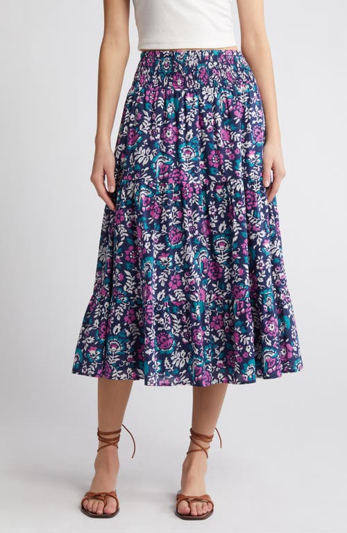 Edina Floral Tiered Cotton Midi Skirt in Woodblock Floral