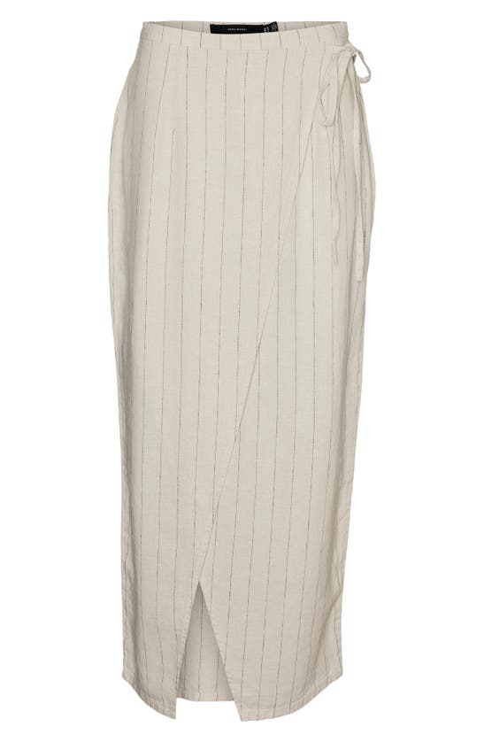 Shop Vero Moda Mindy Pinstripe Linen Blend Faux Wrap Maxi Skirt In Oatmeal Stripes Grey