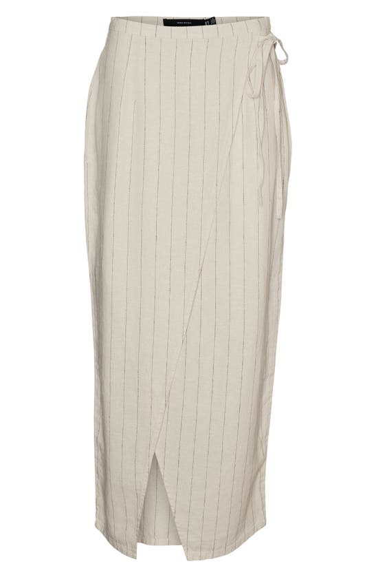 Vero Moda Mindy Pinstripe Linen Blend Faux Wrap Maxi Skirt In Oatmeal Stripes Grey