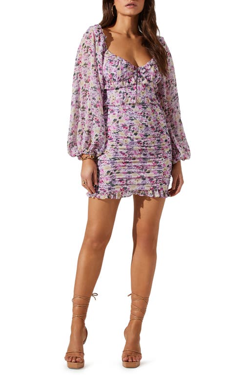 ASTR the Label Ruched Long Sleeve Minidress in Purple Fuchsia Floral at Nordstrom, Size Small