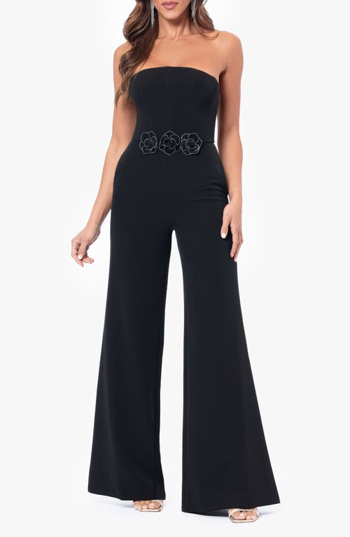 BETSY & ADAM BETSY & ADAM RHINESTONE FLOWER APPLIQUÉ STRAPLESS WIDE LEG JUMPSUIT 