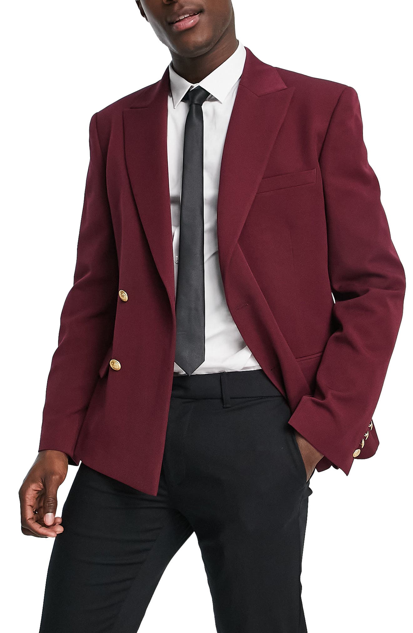 burgundy blazer blue pants