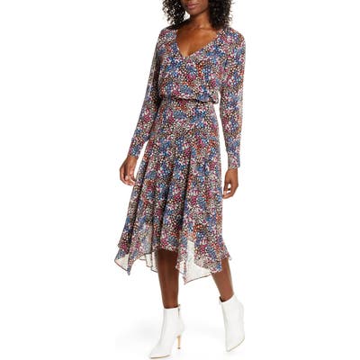 Charles Henry Floral Print Long Sleeve Handkerchief Hem Dress, Black