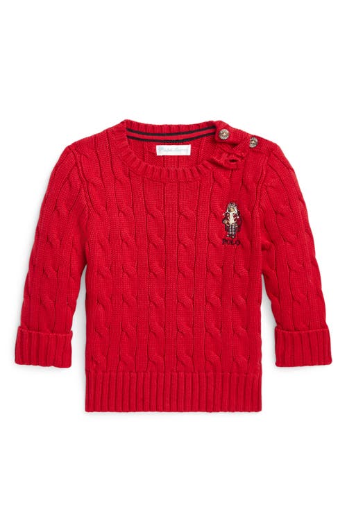 Shop Ralph Lauren Polo Bear Embroidered Cabled Cotton Crewneck Sweater In Red