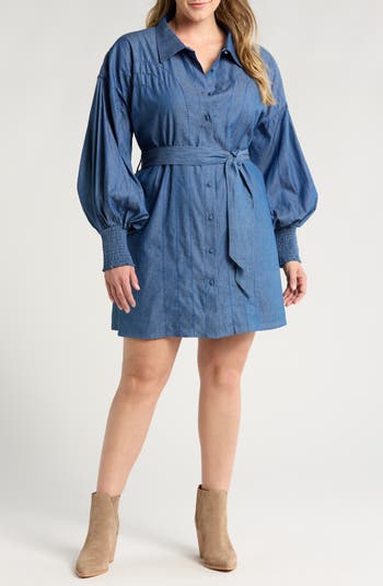 CIEBON Belted Long Sleeve Cotton Chambray Shirtdress | Nordstrom