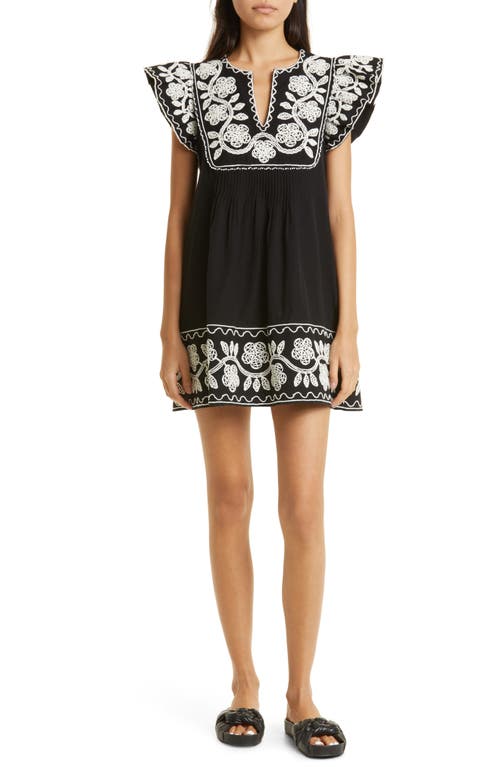 Sea Beck Embroidered Cap Sleeve Cotton & Linen Dress in Black