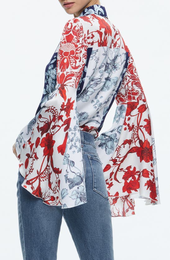 Shop Alice And Olivia Willa Mixed Floral Bell Sleeve Satin Top In Blue