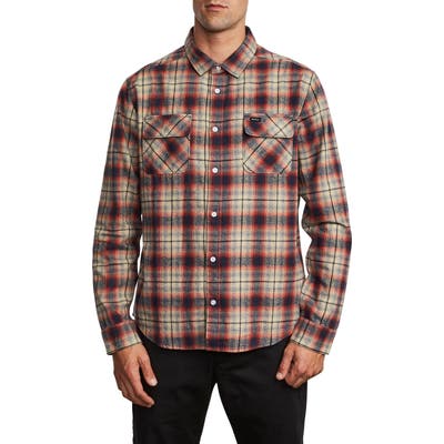 Rvca Hostile Plaid Button-Up Flannel Shirt, Red