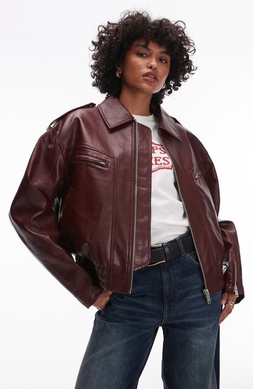 Topshop Faux Leather Bomber Jacket in Burgundy 