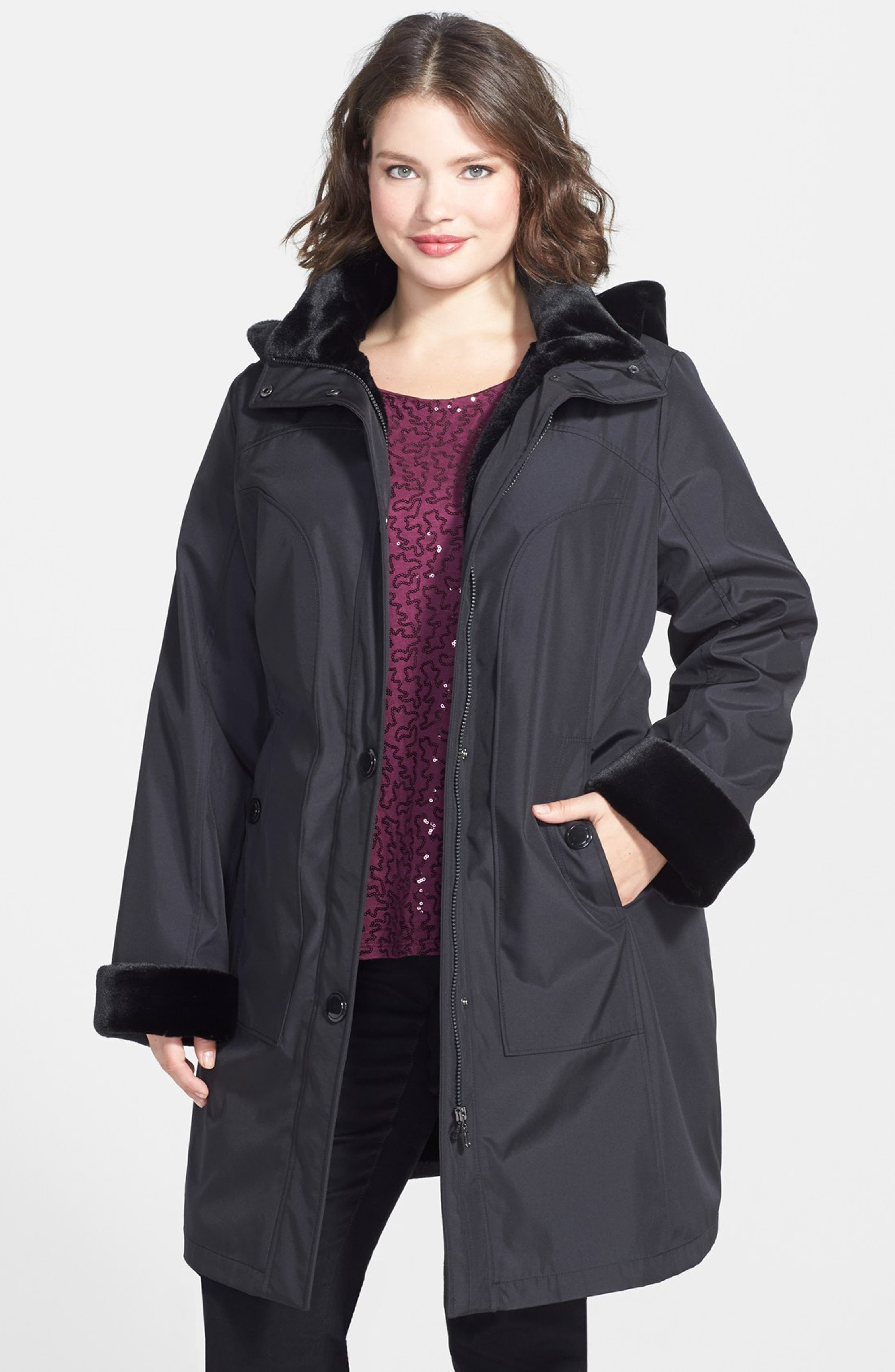 Gallery Long Hooded Storm Coat with Faux Fur Lining & Trim (Plus Size ...