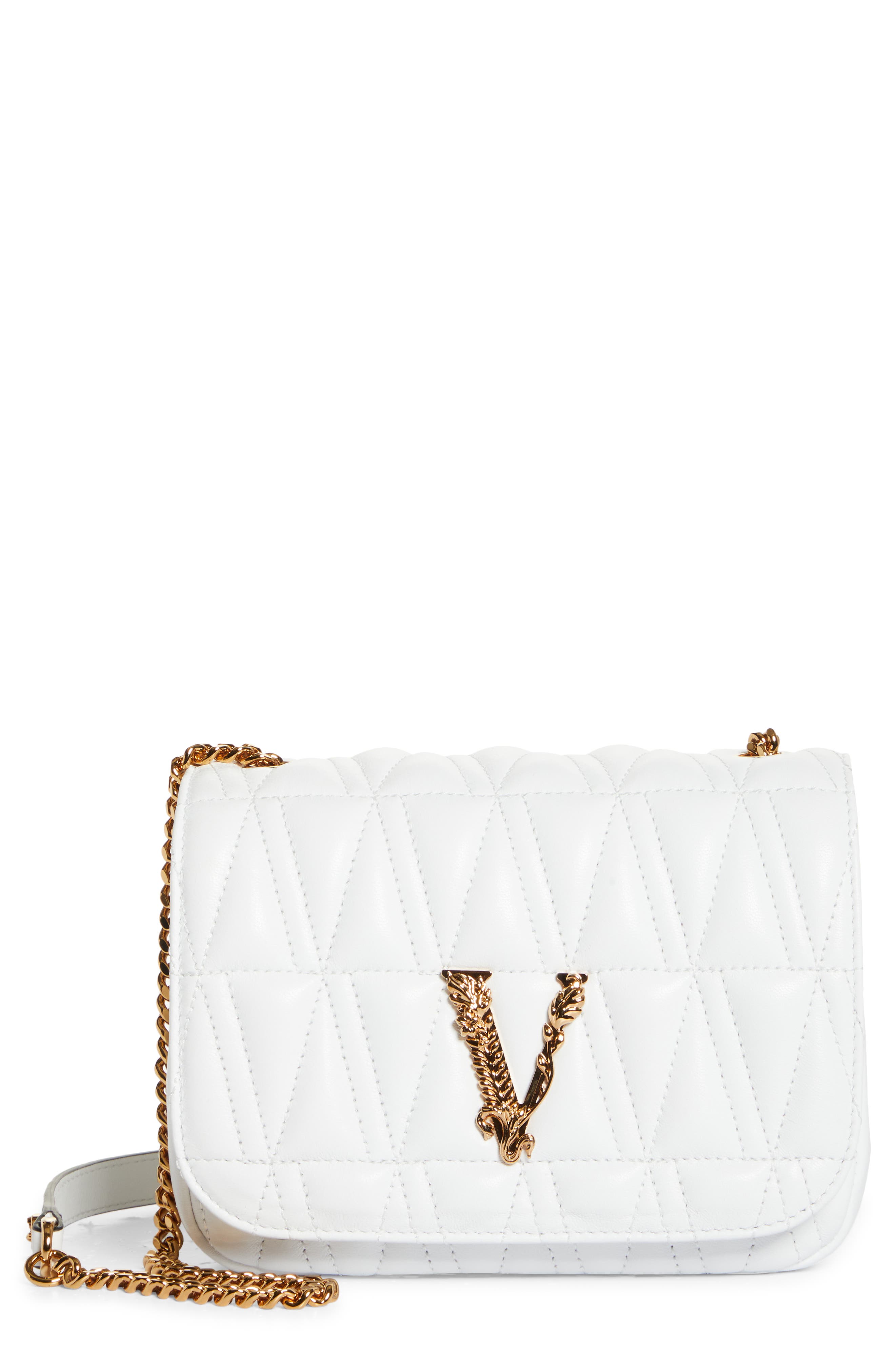 Versace Virtus Quilted Evening Bag in Optical White/Versace Gold