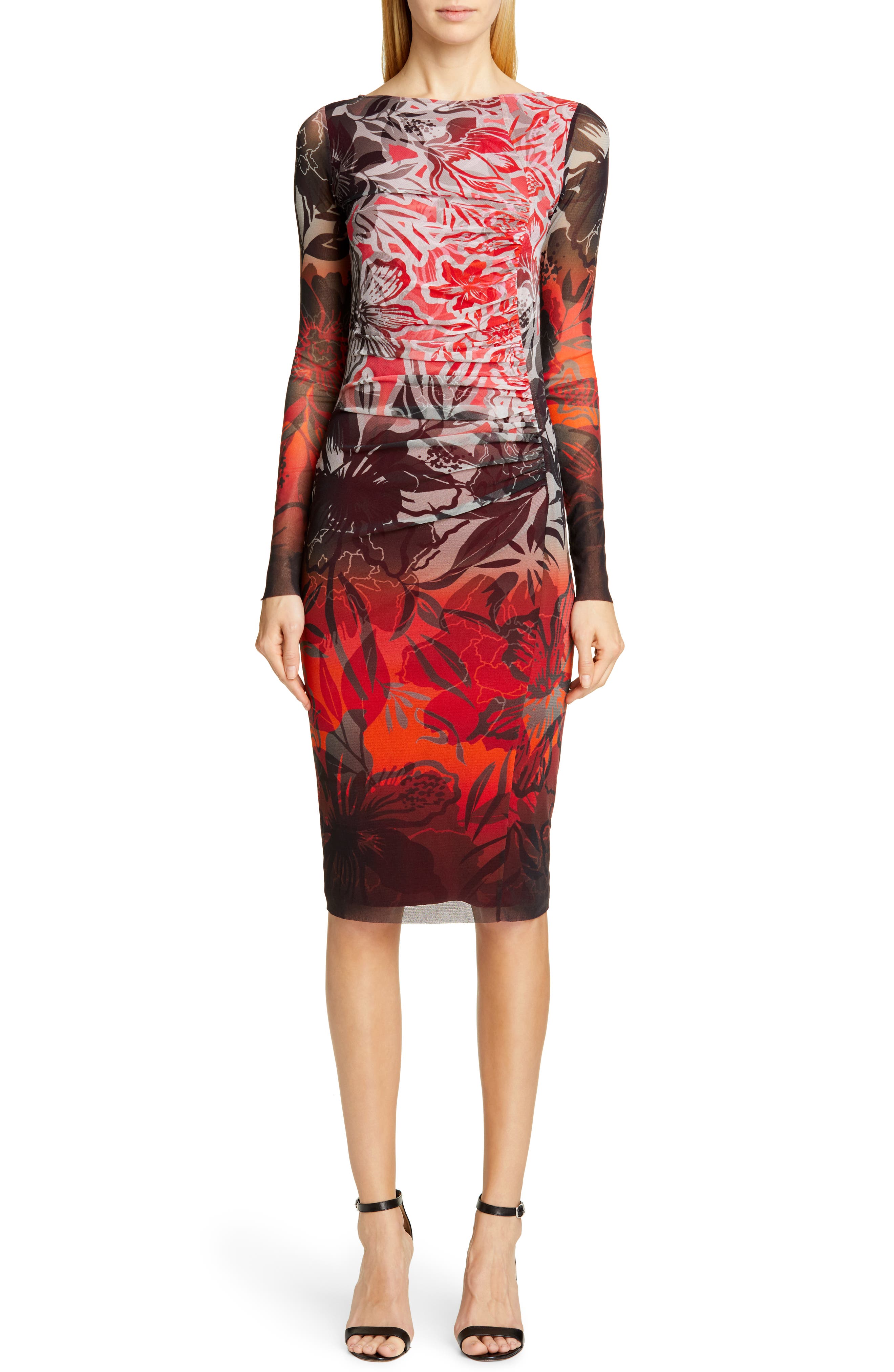 Fuzzi Degrade Floral Long Sleeve Ruched Dress, Red