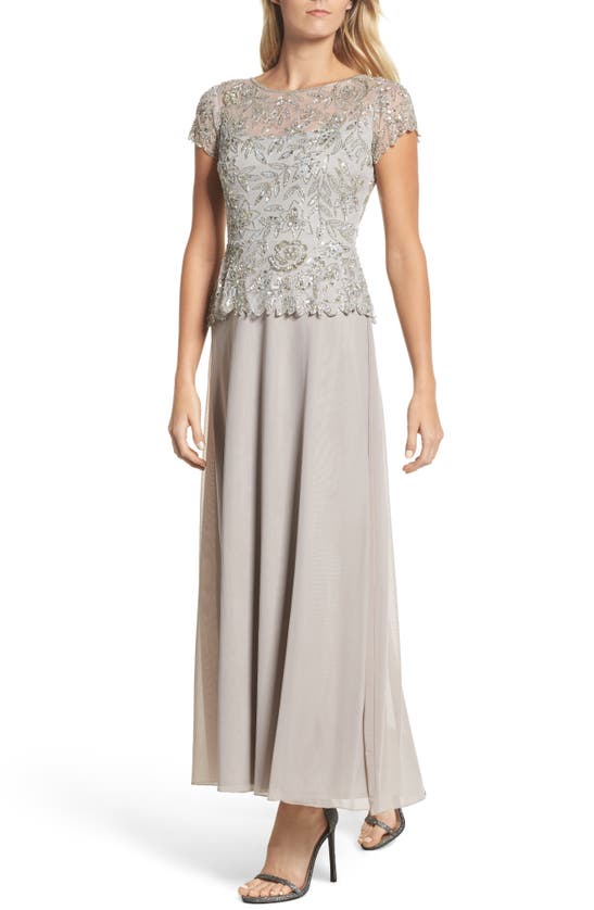 Shop Pisarro Nights Beaded Mesh Mock Two-piece Gown In Silver