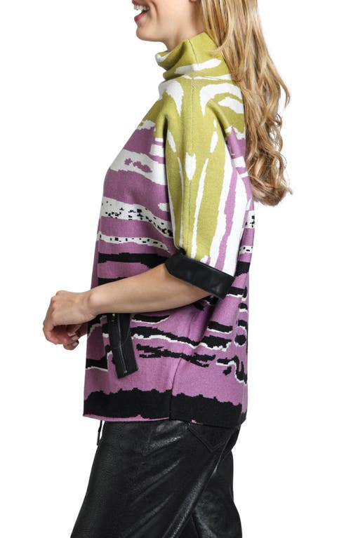 Apny Tiger Pattern Dolman Sleeve Sweater With Faux Leather Trim In Magenta Multi