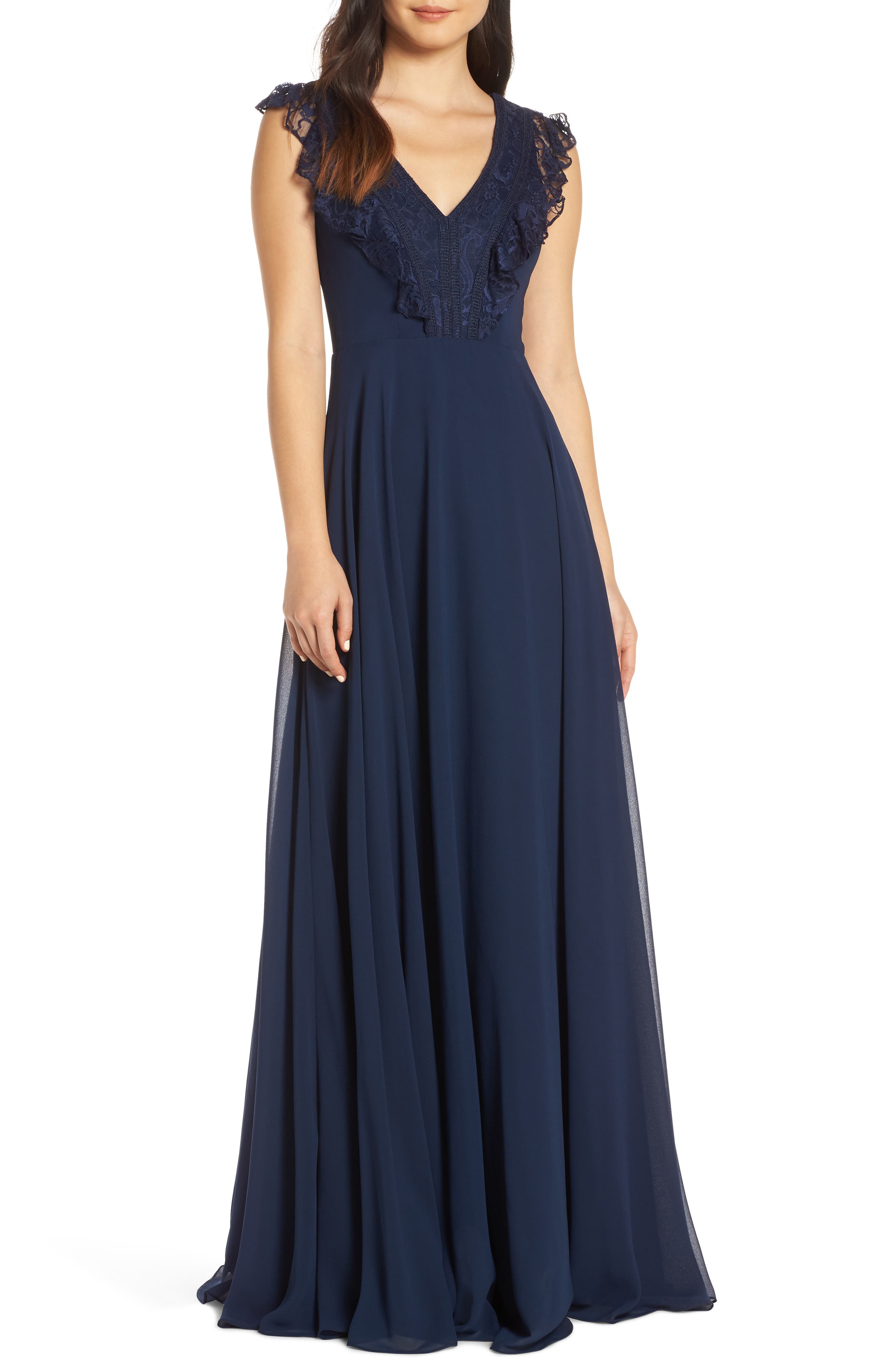 Hayley Paige Occasions Lace V-Neck Chiffon Evening Dress, Blue