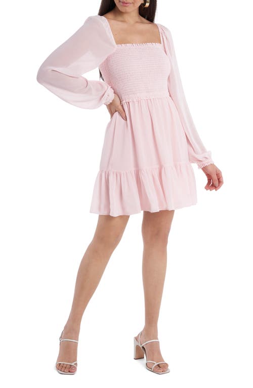 1.STATE Smock Bodice Ruffle Hem Long Sleeve Minidress in Pink Taffeta