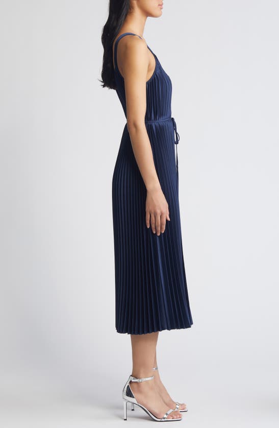 Shop Sam Edelman Plissé Tie Waist Satin Dress In Navy