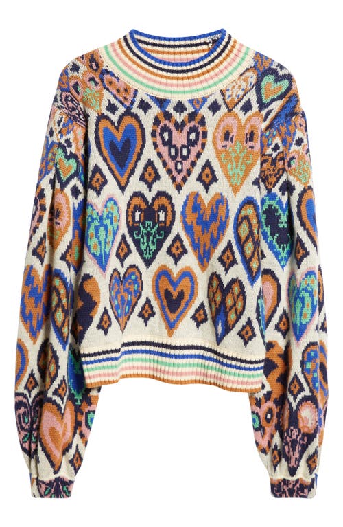 Shop Farm Rio Hearts Ikat Balloon Sleeve Sweater In Hearts Ikat Cream