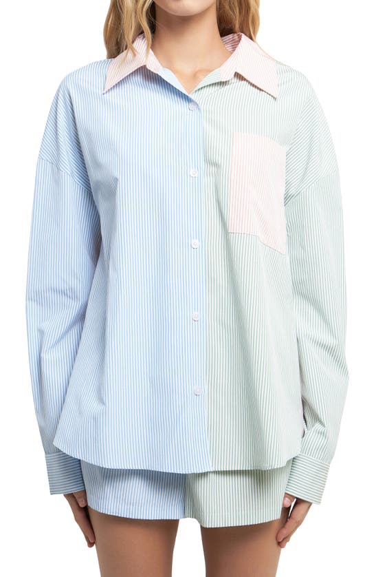 Shop English Factory Colorblock Stripe Cotton Blend Button-up Shirt In Multi Blue