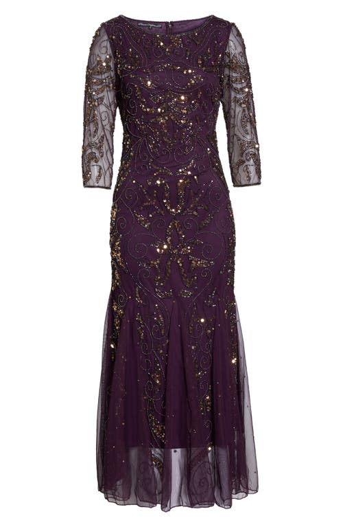 Shop Pisarro Nights Illusion Sleeve Beaded A-line Gown In Plum