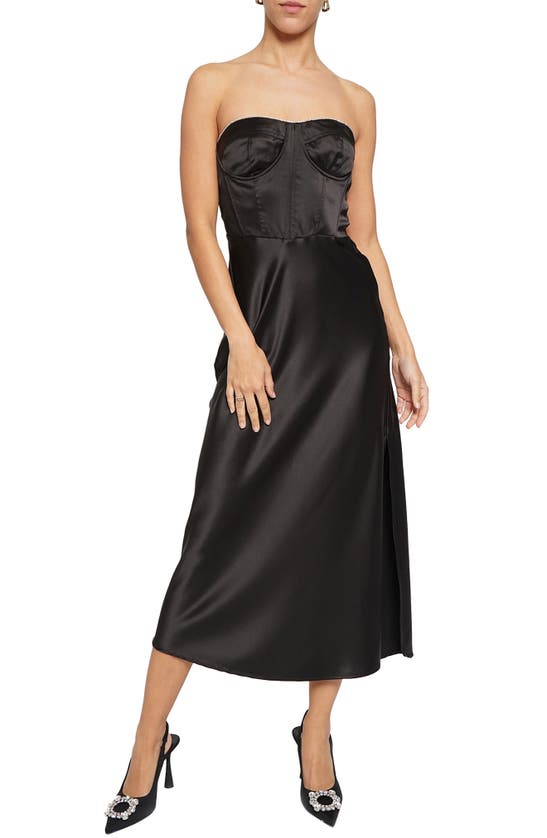 Shop Know One Cares Strapless Satin Corset Midi Dress In Black