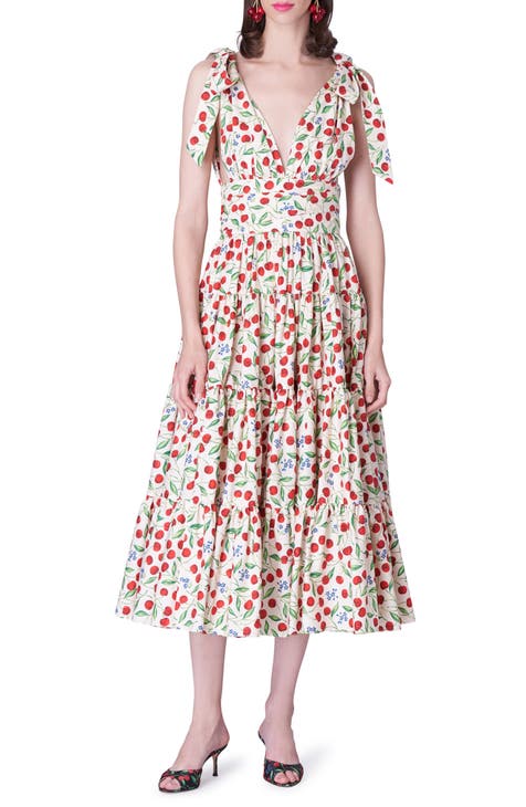 Cherry Print Tiered Stretch Cotton Dress