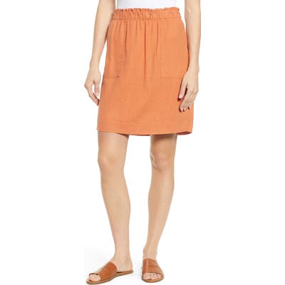 Petite Caslon Paperbag Waist Linen Blend Skirt, Brown