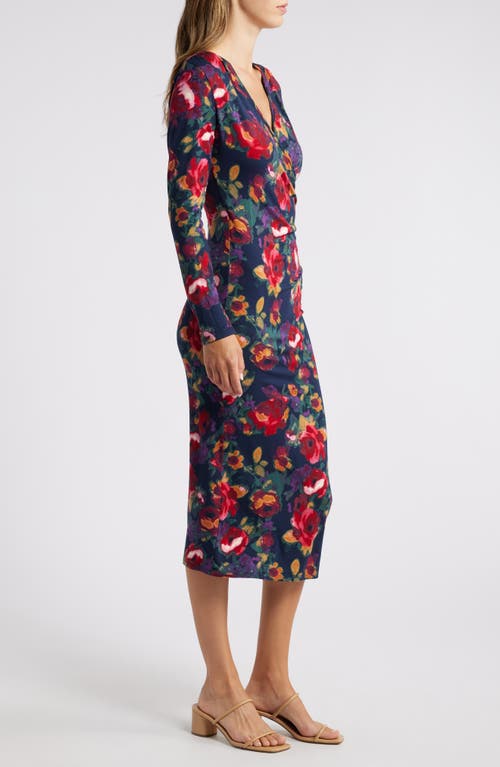 Shop Loveappella Floral Long Sleeve Faux Wrap Midi Dress In Blue Multi