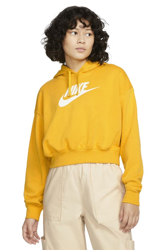 Nike Sportswear Club Fleece Crop Hoodie Sweatshirt In Yellow Ochre/ White