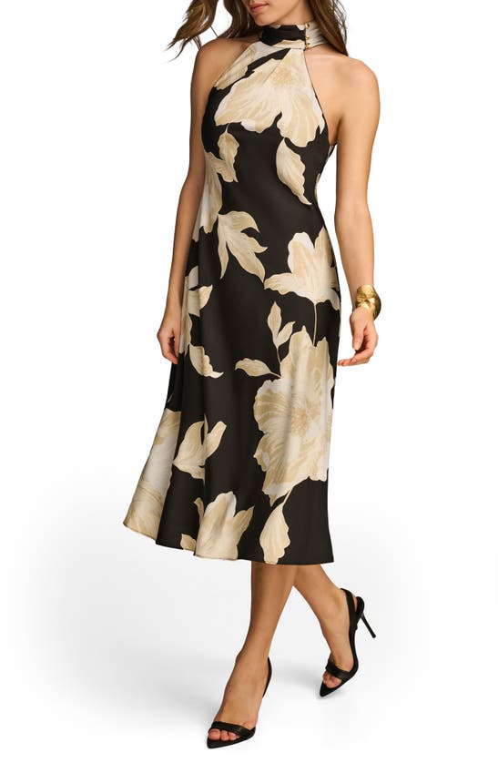 Shop Donna Karan Floral Print Sleeveless Midi Dress In Black/fawn