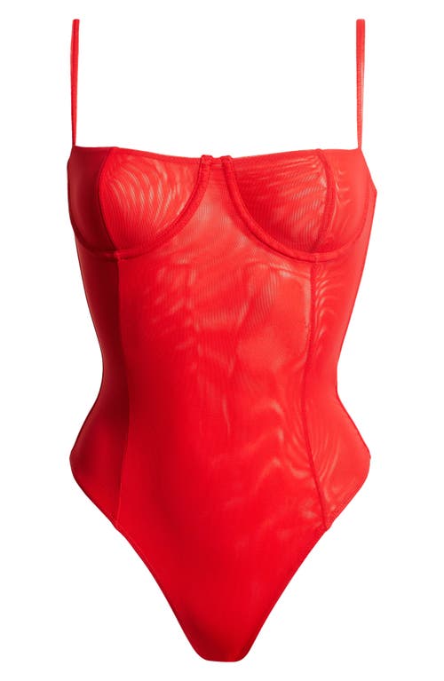 Shop Good American Corset Demi Mesh Bodysuit In Grenadine