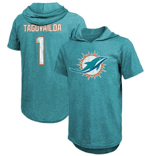 Majestic Threads Men's Majestic Threads Tua Tagovailoa Aqua Miami Dolphins Player Name & Number Tri-Blend Slim Fit Hoodie T-Shirt