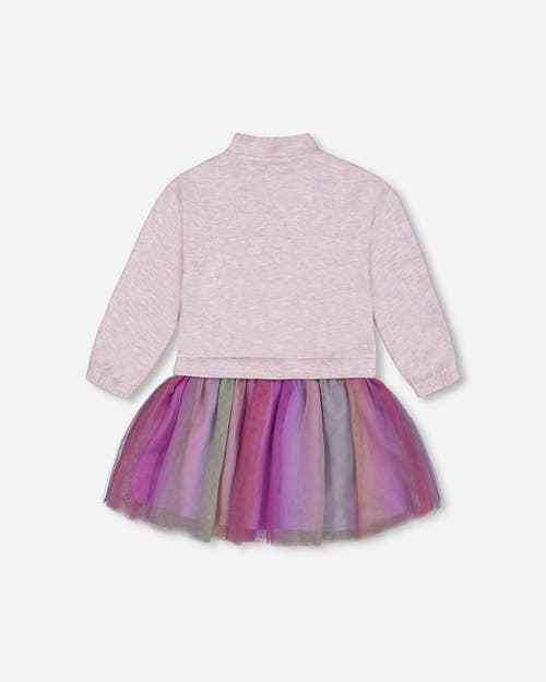 Shop Deux Par Deux Girl's Super Soft Sweatshirt Dress With Rainbow Tulle Skirt In Bougainvillea